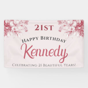 Custom Elegant Pink Floral 21st Happy Birthday Banner