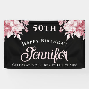 Custom Elegant Pink Floral Happy Birthday Banner