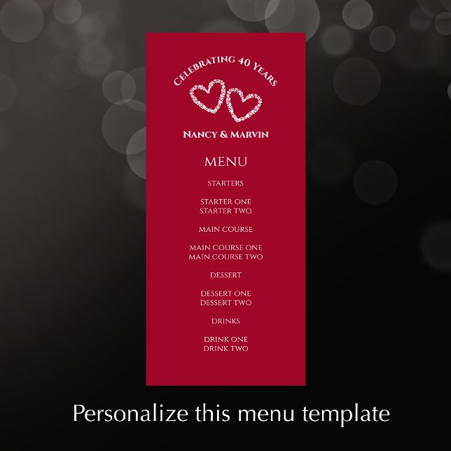 Custom Elegant Red 40th Wedding Anniversary Party Menu (Personalize this elegant red 40th wedding anniversary menu. Custom modern script and unique hearts.
)