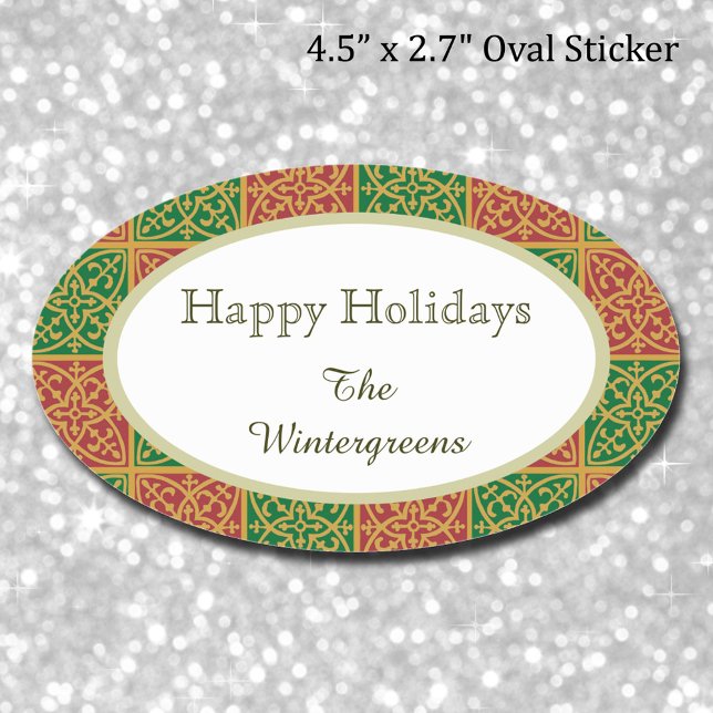 Custom Elegant Red and Green Pattern Gift Sticker (Red Green Fleur-de-Lis Elegant Christmas Holiday Oval Sticker)