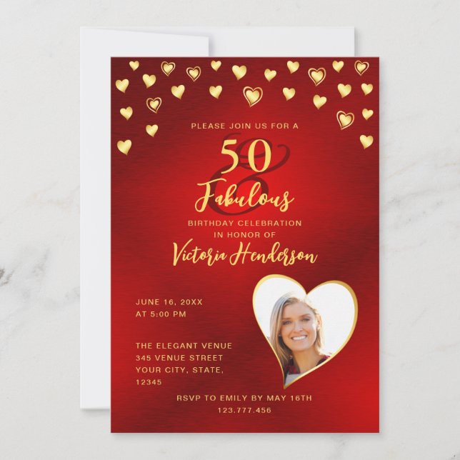 Custom Elegant Red & Gold 50 and Fabulous Birthday Invitation (Front)