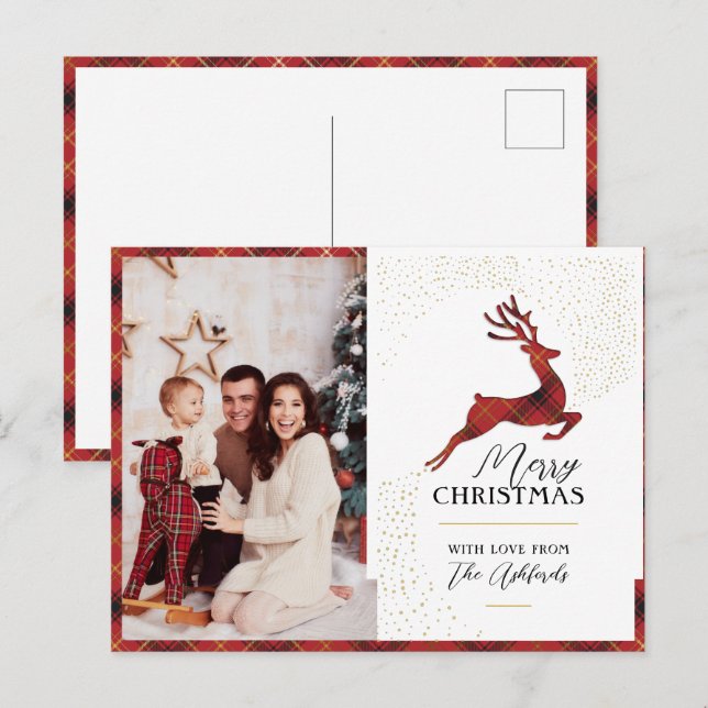 Custom Elegant Red & Gold Plaid Reindeer & Photo Holiday Postcard (Front/Back)
