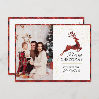 Custom Elegant Red & Gold Plaid Reindeer & Photo Holiday Postcard