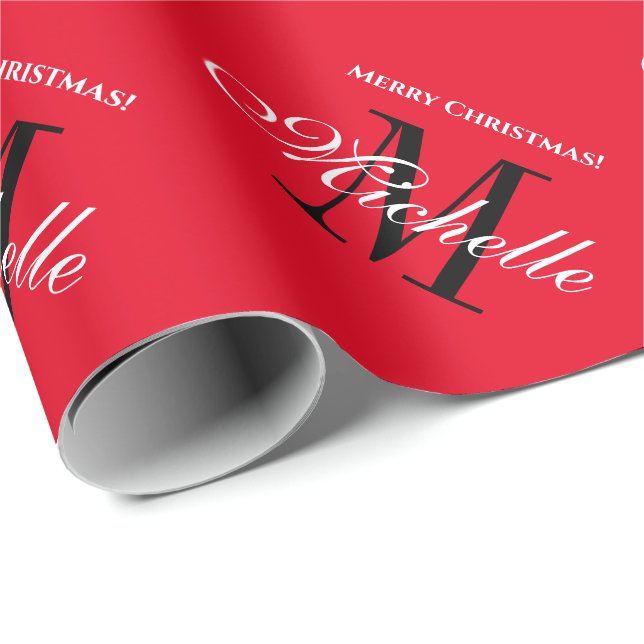 Custom elegant red name monogram Merry Christmas Wrapping Paper (Roll Corner)
