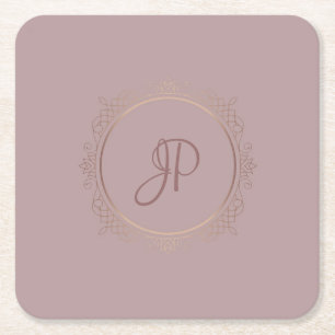 Custom Elegant Rose Gold Monogram Template Square Paper Coaster