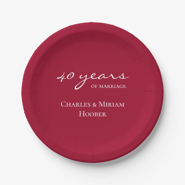 Custom Elegant Ruby 40th Wedding Anniversary Party Paper Plate (Front)