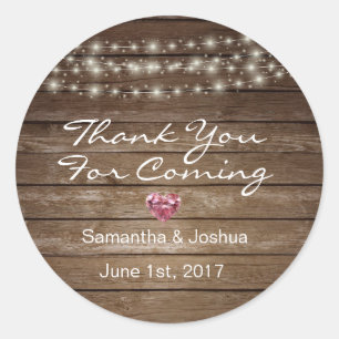 Custom Elegant Rustic String Lights Wood Wedding Classic Round Sticker