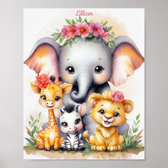 Custom Elegant Safari Nursery Baby Animal Poster (Front)