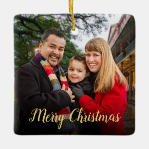 Custom Elegant Script 2-Sided Photo Christmas Ceramic Ornament