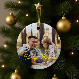 Custom Elegant Script 2-Sided Photo Christmas Ceramic Ornament