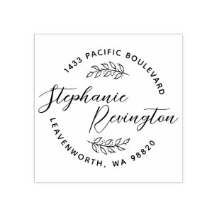 Custom Elegant Script & Cute Leaves   Address Rubber Stamp