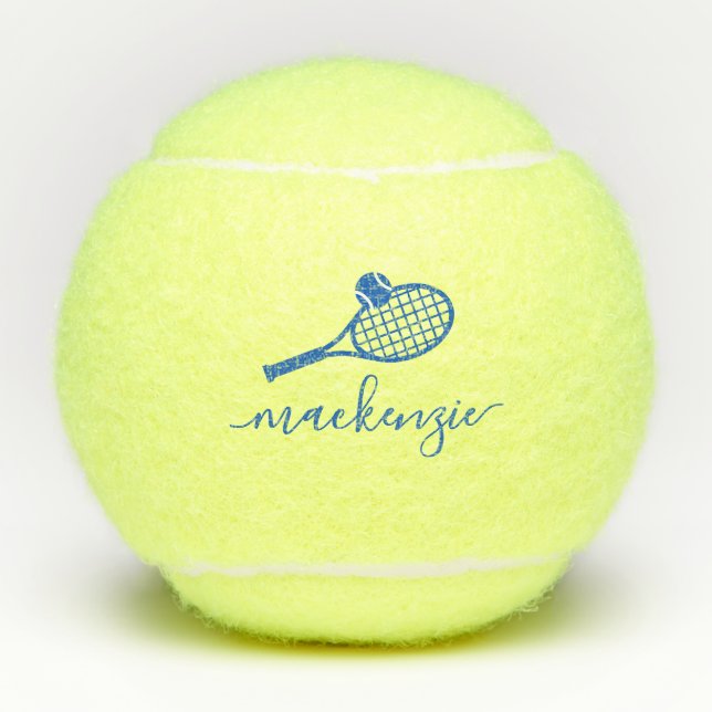 Custom Elegant Script Name Blue Tennis Balls (Front)
