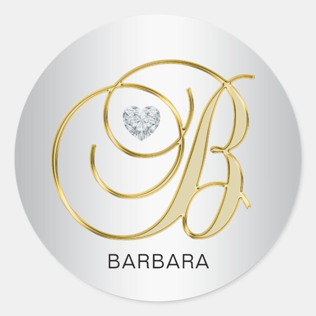 Custom Elegant Silver Gold Monogrammed Initial B Classic Round Sticker (Front)