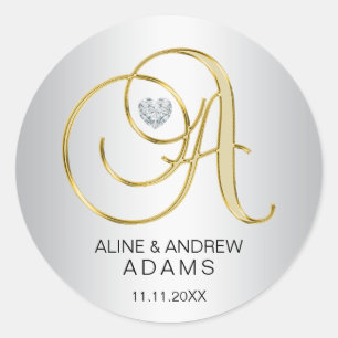 Custom Elegant Silver Gold Monogrammed Wedding Classic Round Sticker