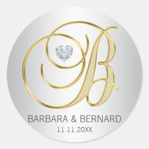 Custom Elegant Silver Gold Monogrammed Wedding Classic Round Sticker