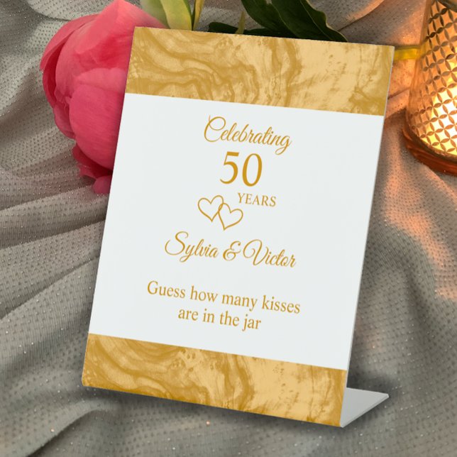 Custom Elegant Simple Gold 50th Anniversary Party Pedestal Sign (Customize the text for the perfect sign. Elegant golden 50th anniversary party custom sign.)