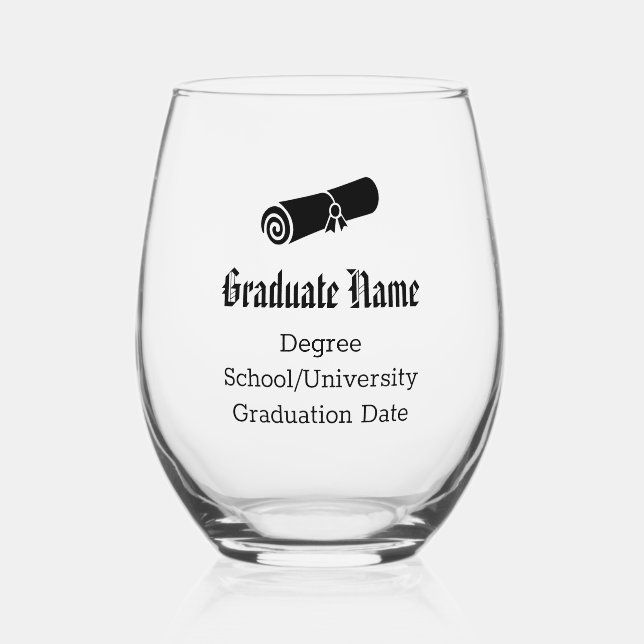 Custom Elegant Simple Graduation Diploma Black Stemless Wine Glass (Front)