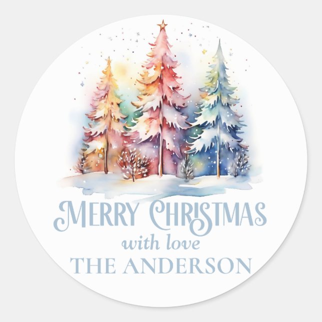 Custom Elegant Watercolor Merry Christmas Classic Round Sticker (Front)