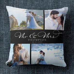 Custom Elegant Wedding Photo Collage Chic Script Cushion