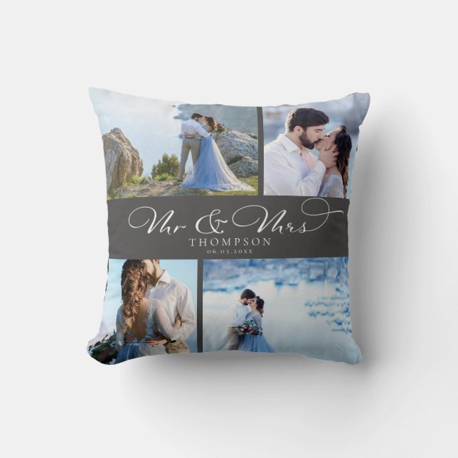 Custom Elegant Wedding Photo Collage Chic Script Cushion (Front)