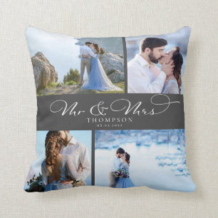 Custom Elegant Wedding Photo Collage Chic Script Cushion