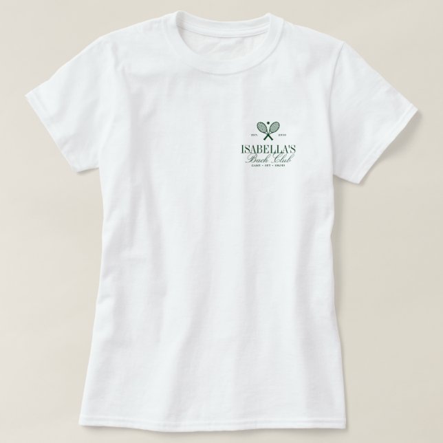 Custom Elegant White Bachelorette Tennis Club T-Shirt (Design Front)