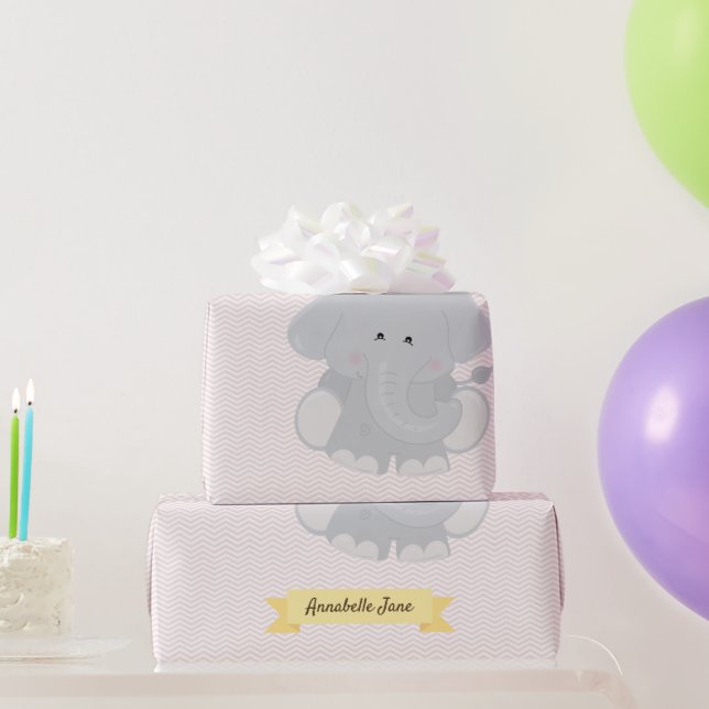 Custom Elephant Chevron Stripes with Name and Age Wrapping Paper (Party Gifts)