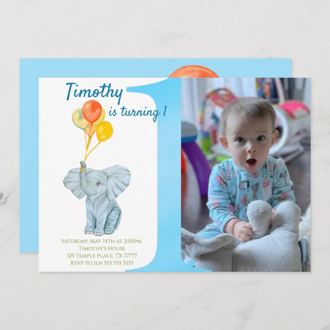 Custom Elephant First Birthday Boy  Invitation (Front/Back)