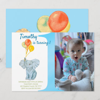 Custom Elephant First Birthday Boy Invitation
