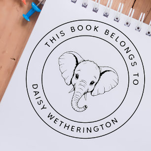 Custom Elephant This Book Belongs To Kid's Name Rubber Stamp