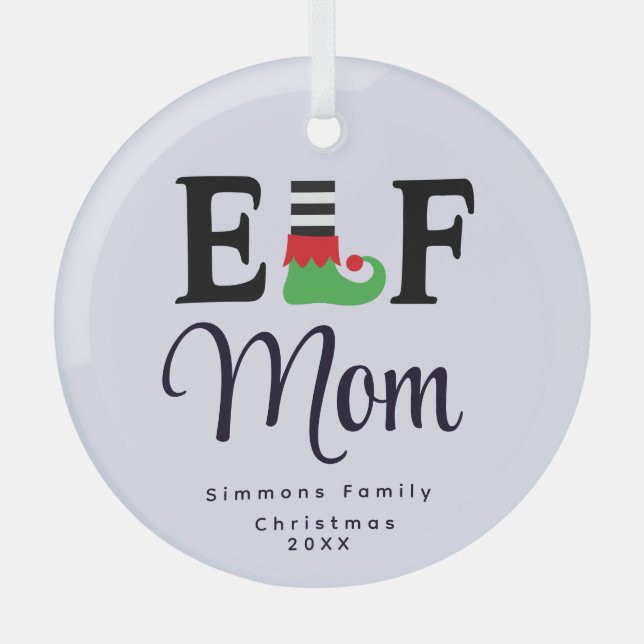 Custom Elf Mum Ornament, Personalised Keepsake Glass Tree Decoration (Front)