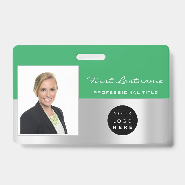 Custom Employee Bar Code Logo Name Scanner Green ID Badge (Front)
