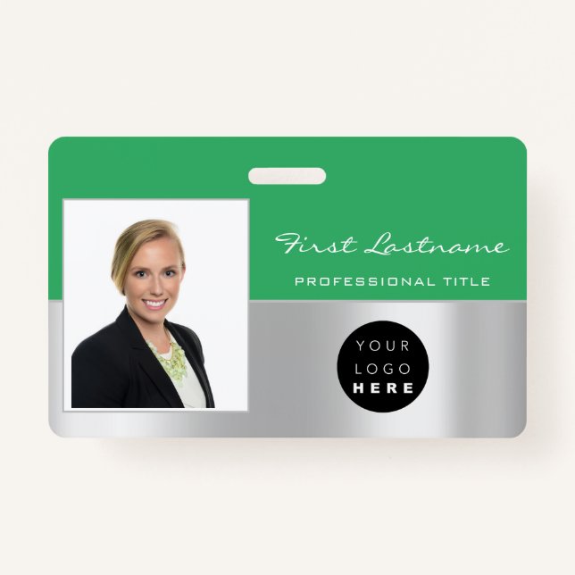 Custom Employee Bar Code Logo Name Scanner Green ID Badge (Front)