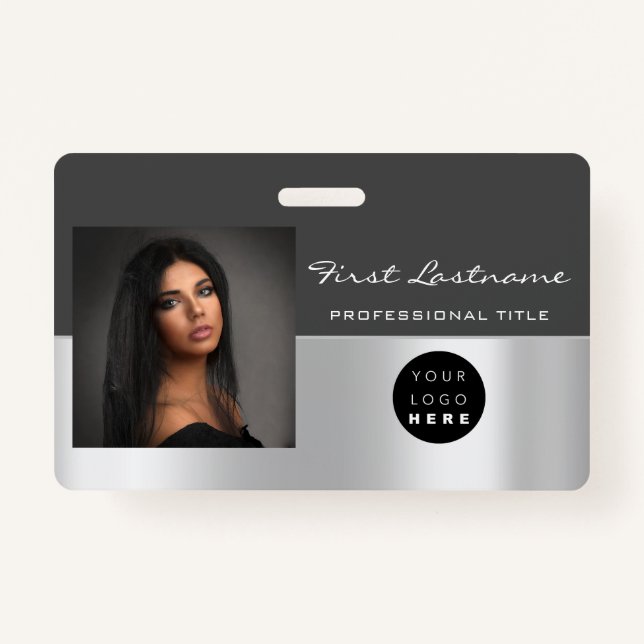 Custom Employee Bar Code Logo Name Scanner Grey ID Badge (Front)