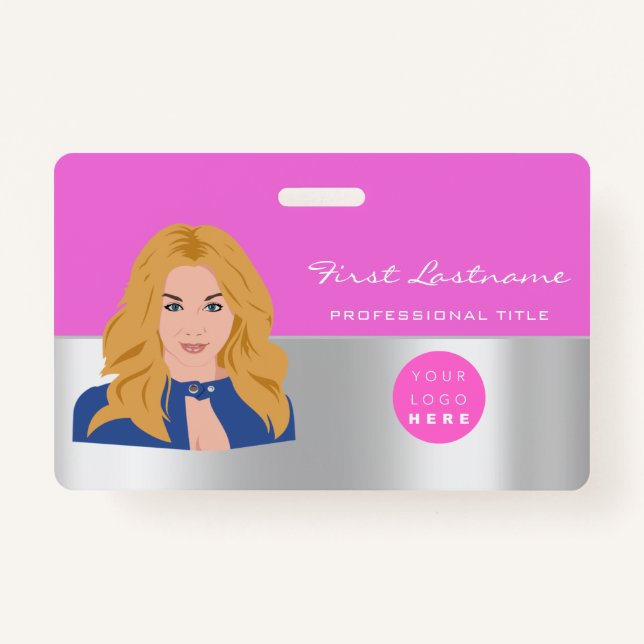 Custom Employee Bar Code Logo Name Scanner Pink ID Badge (Front)