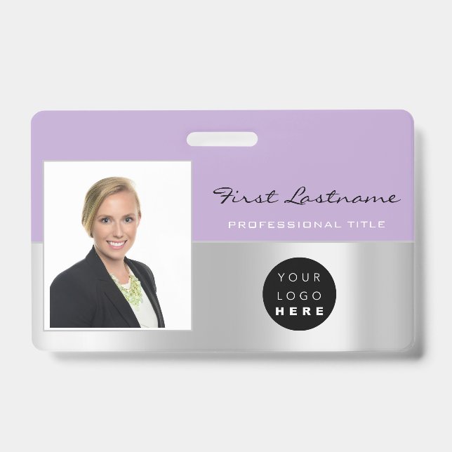 Custom Employee Bar Code Logo Name Scanner Purple ID Badge (Front)