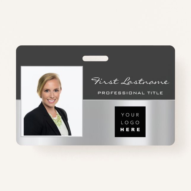 Custom Employee Bar Code Logo Name Scanner Silver ID Badge (Front)