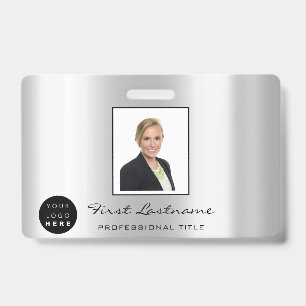 Custom Employee Bar Code Logo Name Silver Grey ID Badge