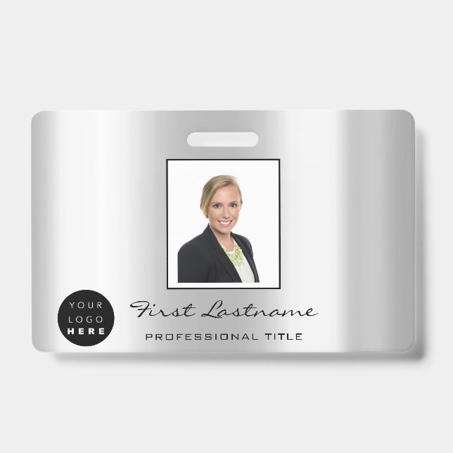 Custom Employee Bar Code Logo Name Silver Grey ID Badge (Front)