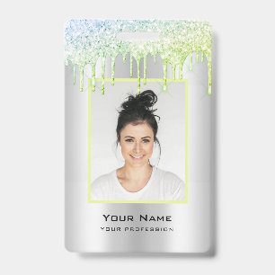 Custom Employee Glitter Drips Green Silver Name ID Badge