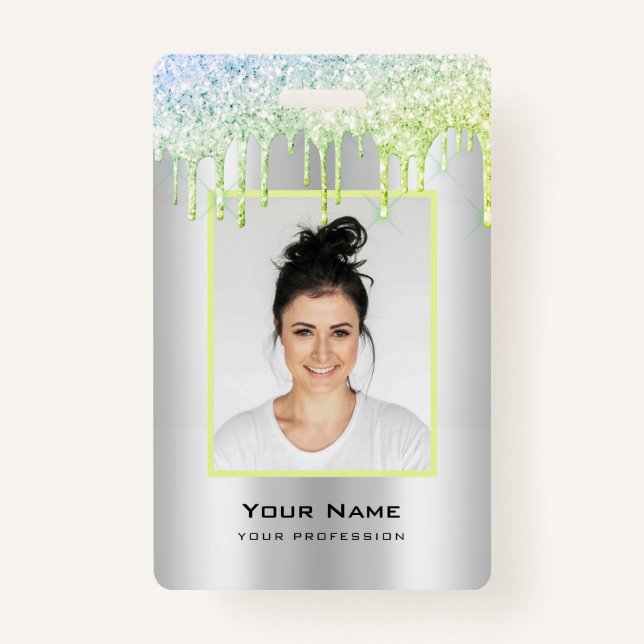 Custom Employee Glitter Drips Green Silver Name ID Badge (Front)