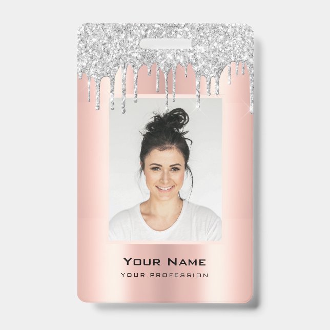 Custom Employee Glitter Drips Pink Silver Name ID Badge (Front)