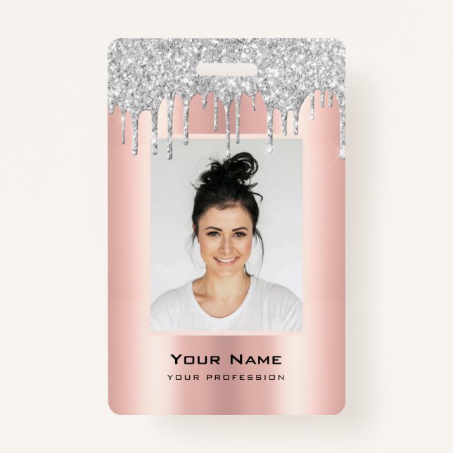 Custom Employee Glitter Drips Pink Silver Name ID Badge (Front)