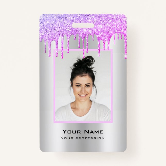 Custom Employee Glitter Drips Purple Silver Name ID Badge (Front)