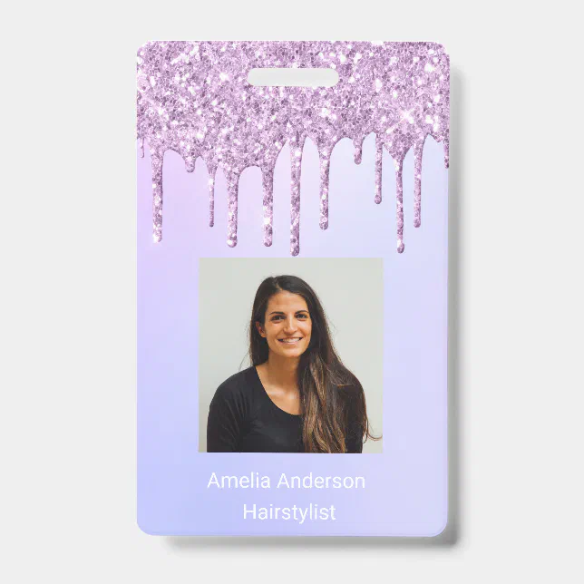 Custom Employee Glitter Drips Purple violet name ID Badge | Zazzle