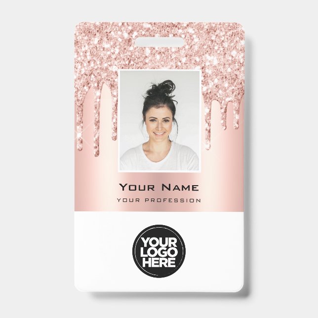 Custom Employee Glitter Drips Rose Gold Name ID Badge (Front)
