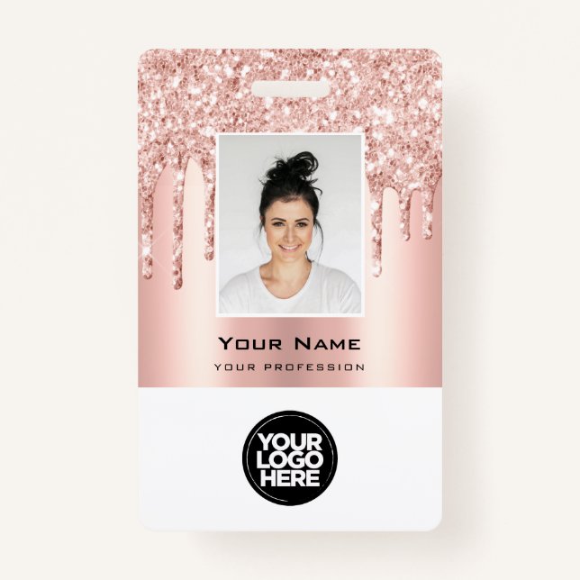 Custom Employee Glitter Drips Rose Gold Name ID Badge (Front)