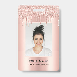 Custom Employee Glitter Drips Rose Gold Name ID Badge