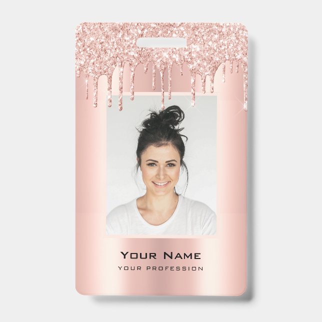 Custom Employee Glitter Drips Rose Gold Name ID Badge (Front)