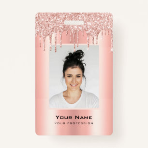 Custom Employee Glitter Drips Rose Gold Name ID Badge